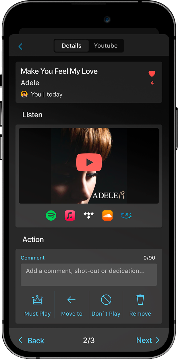 Vibo app song detail screen with must-play and do-not-play actions