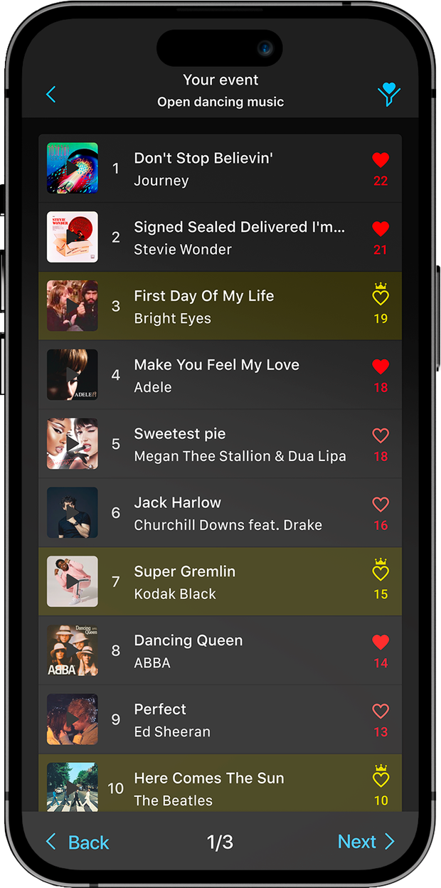 Vibo app song list screen with guest-voted songs