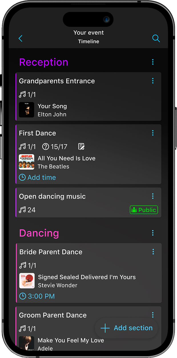Vibo app timeline screen showing reception and dancing sections